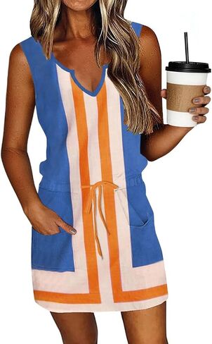 فساتين تي شيرت حريمي بدون أكمام من SAUKOLE لعام 2024، فستان قصير كاجوال لطيف بطبعة زهور، جيوب أمامية عصرية للصيف in Kuwait