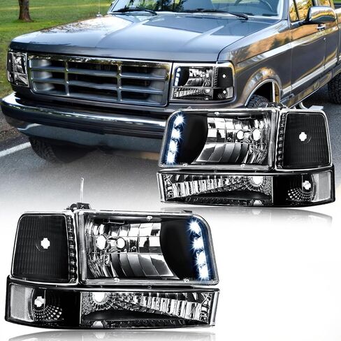 مصباح أمامي LED DRL، طقم تجميع المصابيح الأمامية متوافق مع 1992-1996 Ford F150/F250/F350/Bronco Headlamp Black Housing Clear عاكس in Kuwait