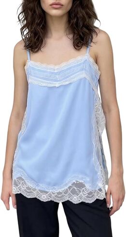 Long Lace Camisole Tops for Women Square Neck Side Split Flowy Tank Top Chiffon Lace Trim Cami Tunic Undershirt in Saudi Arabia
