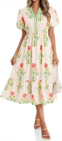 Cicy Bell Womens Summer Floral Print Maxi Dress A Line Puff Short Sleeve V Neck Boho Dresses Flowy Beach Vacation Outfits in Kuwait