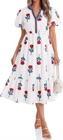 Cicy Bell Womens Summer Floral Print Maxi Dress A Line Puff Short Sleeve V Neck Boho Dresses Flowy Beach Vacation Outfits in Kuwait