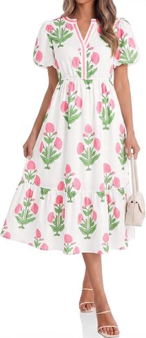Cicy Bell Womens Summer Floral Print Maxi Dress A Line Puff Short Sleeve V Neck Boho Dresses Flowy Beach Vacation Outfits in Kuwait