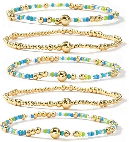 مجموعة أساور ذهبية ملونة صغيرة مطرزة للنساء، أساور بوهو ذهبية قابلة للتكديس قابلة للتمدد هدية مجوهرات أنيقة in Kuwait