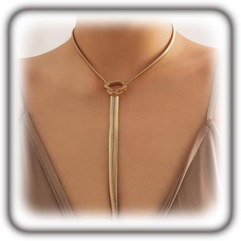 Snake Bone Chain Tassel Choker for Women 14K Gold Twisted Snake Link Long Lasso Statement Necklace Minimalist Herringbone Knot Y Choker Charm Jewelry in Saudi Arabia