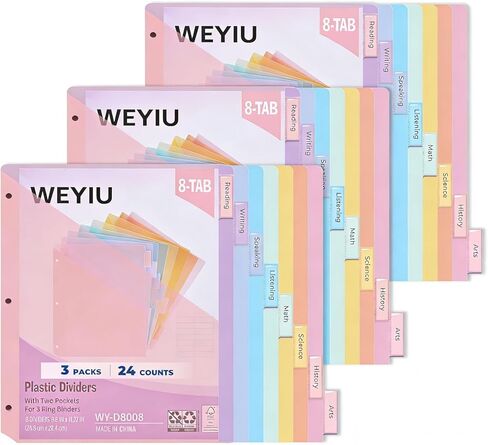 8-Tabs Dividers for 3 Ring Binder with Two Pockets,3-Hole Plastics Sheets Protectors for US Letter Size in 0.5'', 1'', 2'', 3 inch Binders, 8 Colors (6 Pack) in Saudi Arabia