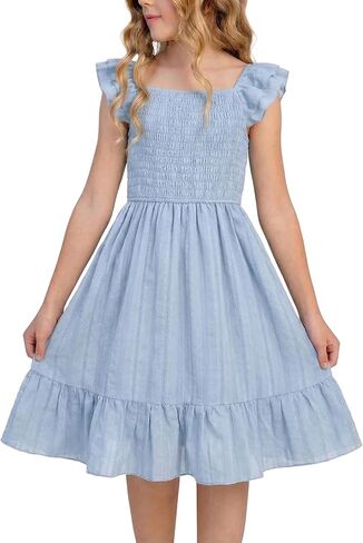 Girls Summer Dresses Smocked Flutter Sleeve Square Neck Ruffle Beach Party Teen Dress 6-14 Years in Saudi Arabia