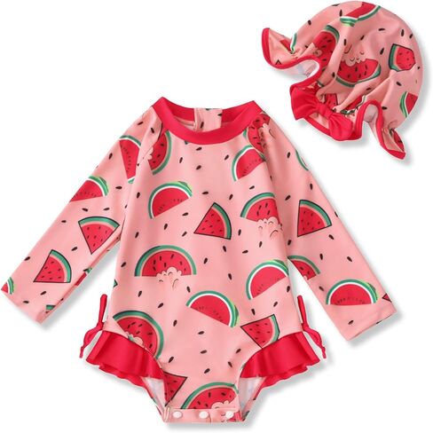 AMAWMW Infant Baby Girl Swimsuit Long Sleeve One-Piece Swimwear with Hat Rash Guard Floral Zipper Bathing Suit Beach Wear in Kuwait