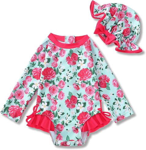 AMAWMW Infant Baby Girl Swimsuit Long Sleeve One-Piece Swimwear with Hat Rash Guard Floral Zipper Bathing Suit Beach Wear in Kuwait