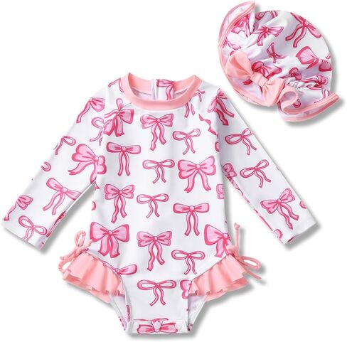 AMAWMW Infant Baby Girl Swimsuit Long Sleeve One-Piece Swimwear with Hat Rash Guard Floral Zipper Bathing Suit Beach Wear in Kuwait