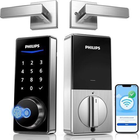 قفل ذكي واي فاي من فيليبس مع مقابض، مجموعة قفل الباب الأمامي للدخول بدون مفتاح واي فاي، لوحة مفاتيح ديدبولت مع تطبيق مقبض فتح رمز بصمة الإصبع، قفل تلقائي، واي فاي مدمج، جهاز تحكم عن بعد وفتح الصوت in Kuwait