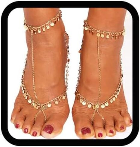 2 قطعة سلسلة قدم من الترتر الذهبي بوهو خلخال مطرز بطبقات من الشرابة صنادل حفاة القدم للنساء in Kuwait