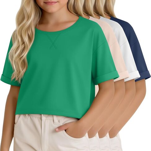 4 Pack Girls Oversized Crop Tops Rolled Short Sleeve Crew Neck T Shirts Casual Basic Tees 5-14 Years in Saudi Arabia
