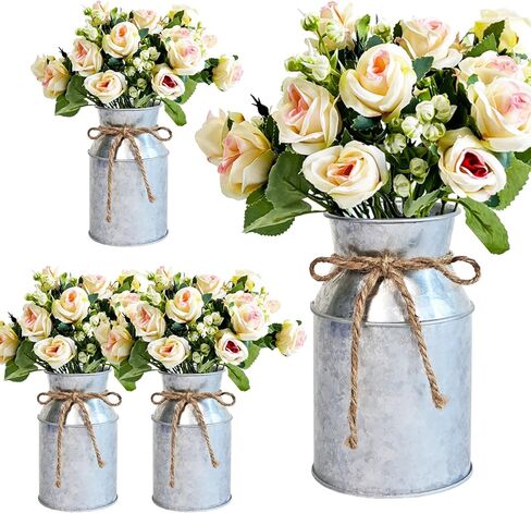 6 Sets Wedding Flower Centerpiece for Tables Decorations, Farmhouse Artificial Roses Bouquet with Metal Milk Can Jug Vase for Party Bridal Shower Event Home Decor (White Vase & Champaign Roses) in Saudi Arabia