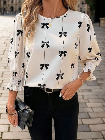 Womens Bow Pattern Blouse Ruffled 3/4 Sleeve Round Neck Loose Fit Casual in Saudi Arabia