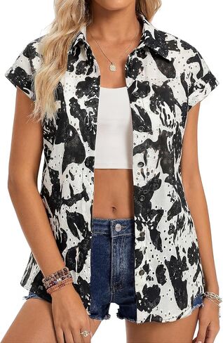 GRACE KARIN Floral Eyelet Spring Summer Tops for Women,2026 V Neck Dressy Casual Shirts,Boho Button Down Short Sleeve Blouses in Saudi Arabia