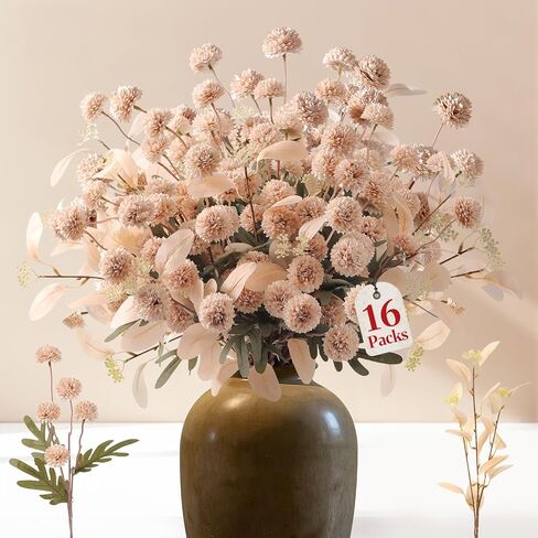 Alupssuc 16pcs فو الحرير أضاليا الأمهات الزهور الاصطناعية مع الأوكالبتوس، وهمية أقحوان الزهور لترتيب زهرية DIY، الجذعية طويلة طاولة الطعام المركزية ديكور المنزل، البيج in Kuwait