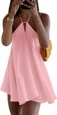 Women's Mini Dress Halter Neck Tie Sundress Backless Sleeveless Flowy Beach Dresses Summer Vacation Dress in Kuwait