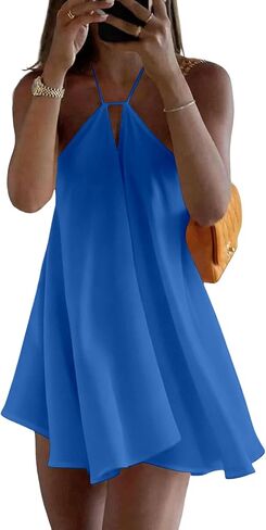 Women's Mini Dress Halter Neck Tie Sundress Backless Sleeveless Flowy Beach Dresses Summer Vacation Dress in Kuwait