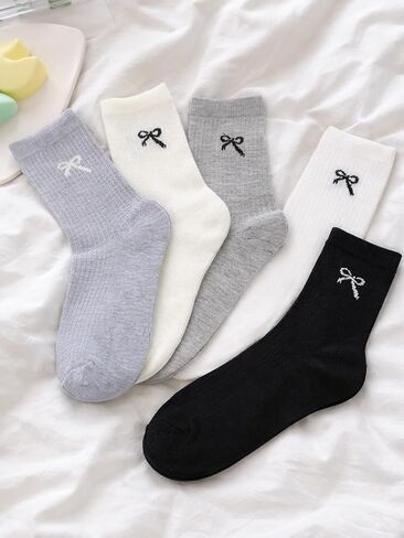 5 Pairs Women's Crew Socks, Ribbed Knit with Bow Detail, Comfortable & Breathable Mid-Calf Socks, Cute Casual Assorted in Saudi Arabia