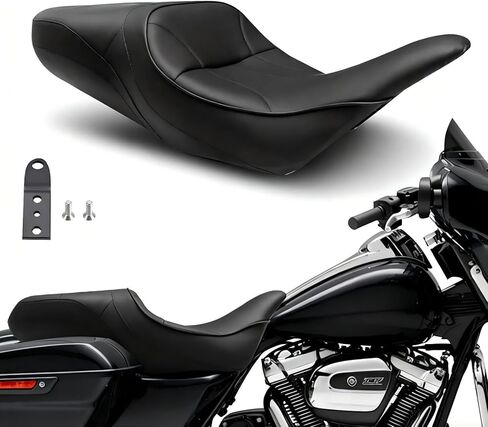 مقعد من قطعة واحدة للسائق والراكب 2-Up مناسب لـ 1997-2007 Harley Touring Road King Road Glide Electra Glide، خياطة سوداء in Kuwait