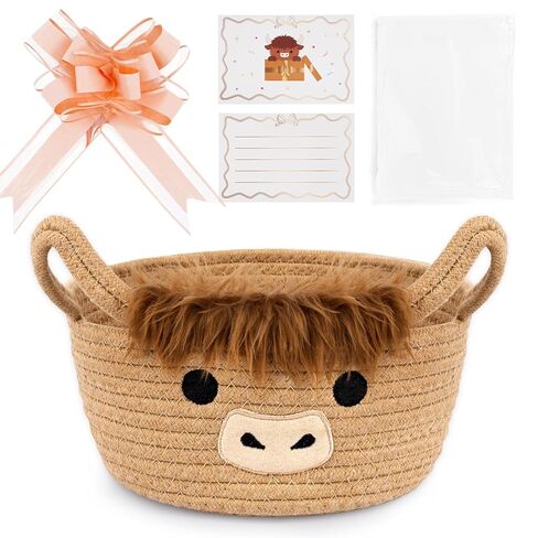 سلة هدايا عيد الحب من Hkojewp Valentines Highland Cow - سلة هدايا صغيرة منسوجة لعيد الحب مع عيون على شكل قلب، صناديق تخزين قطنية من حبل صف الشريط مع مقابض، ديكور زفاف للأطفال، مقاس 9 بوصة × 6.7 بوصة in Kuwait