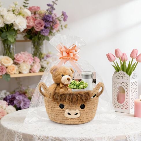 سلة هدايا عيد الحب من Hkojewp Valentines Highland Cow - سلة هدايا صغيرة منسوجة لعيد الحب مع عيون على شكل قلب، صناديق تخزين قطنية من حبل صف الشريط مع مقابض، ديكور زفاف للأطفال، مقاس 9 بوصة × 6.7 بوصة in Kuwait