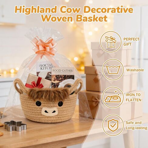 سلة هدايا عيد الحب من Hkojewp Valentines Highland Cow - سلة هدايا صغيرة منسوجة لعيد الحب مع عيون على شكل قلب، صناديق تخزين قطنية من حبل صف الشريط مع مقابض، ديكور زفاف للأطفال، مقاس 9 بوصة × 6.7 بوصة in Kuwait