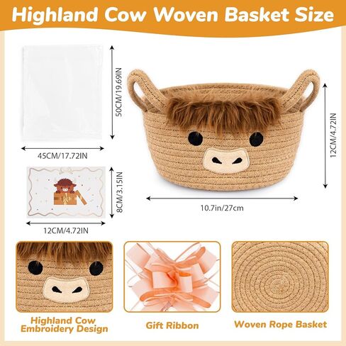 سلة هدايا عيد الحب من Hkojewp Valentines Highland Cow - سلة هدايا صغيرة منسوجة لعيد الحب مع عيون على شكل قلب، صناديق تخزين قطنية من حبل صف الشريط مع مقابض، ديكور زفاف للأطفال، مقاس 9 بوصة × 6.7 بوصة in Kuwait