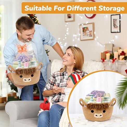 سلة هدايا عيد الحب من Hkojewp Valentines Highland Cow - سلة هدايا صغيرة منسوجة لعيد الحب مع عيون على شكل قلب، صناديق تخزين قطنية من حبل صف الشريط مع مقابض، ديكور زفاف للأطفال، مقاس 9 بوصة × 6.7 بوصة in Kuwait