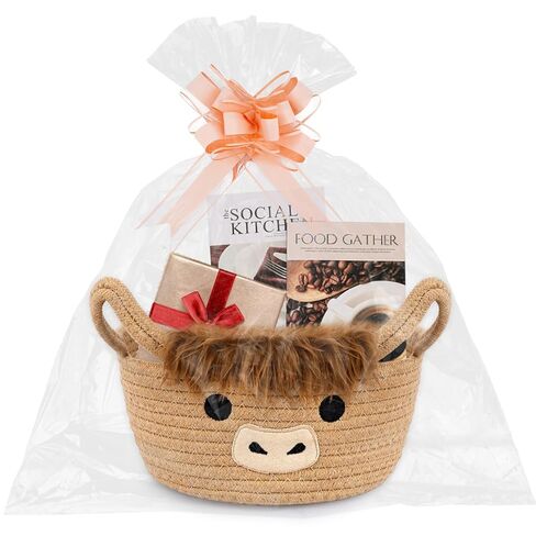 سلة هدايا عيد الحب من Hkojewp Valentines Highland Cow - سلة هدايا صغيرة منسوجة لعيد الحب مع عيون على شكل قلب، صناديق تخزين قطنية من حبل صف الشريط مع مقابض، ديكور زفاف للأطفال، مقاس 9 بوصة × 6.7 بوصة in Kuwait