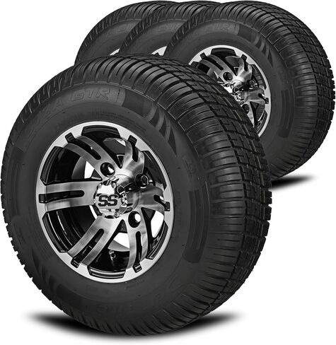 عربة RM - 10 بوصات سوداء ملحمية/مصنوعة آليًا على إطارات 205/65 R10 Deli (مجموعة من 4) تناسب عربات Yamaha وإطارات وعجلات عربة الجولف، ويمكن استخدامها على جزازات العشب ومركبات ATV in Kuwait