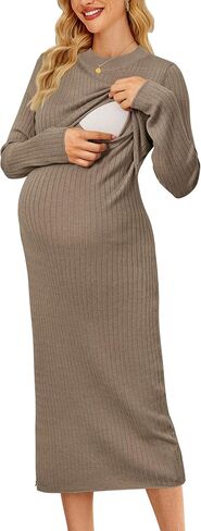 OUGES Women's Wool Blend 2025 Fall Winter Maternity Sweater Nursing Dress Long Sleeve Crew Neck Ribbed Knit Breastfeeding Baby Shower Dresses Prenancy Must Have Outfits for Christmas(Red Caramel,M) in Saudi Arabia