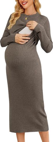 OUGES Women's Wool Blend 2025 Fall Winter Maternity Sweater Nursing Dress Long Sleeve Crew Neck Ribbed Knit Breastfeeding Baby Shower Dresses Prenancy Must Have Outfits for Christmas(Red Caramel,M) in Saudi Arabia