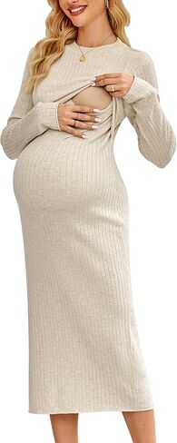 OUGES Women's Wool Blend 2025 Fall Winter Maternity Sweater Nursing Dress Long Sleeve Crew Neck Ribbed Knit Breastfeeding Baby Shower Dresses Prenancy Must Have Outfits for Christmas(Red Caramel,M) in Saudi Arabia