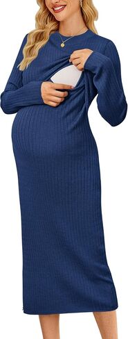 OUGES Women's Wool Blend 2025 Fall Winter Maternity Sweater Nursing Dress Long Sleeve Crew Neck Ribbed Knit Breastfeeding Baby Shower Dresses Prenancy Must Have Outfits for Christmas(Red Caramel,M) in Saudi Arabia