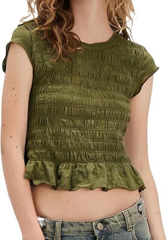 Smocked Tops for Women White Crewneck Cap Sleeve Top Tee Cotton Shirred Ruffle Crop Tank Tops Shirt in Saudi Arabia