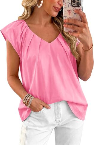 Tankaneo Womens Cap Ruffle Sleeve Tops Summer Dressy Casual V Neck Pleated Blouses Loose Fit Cotton Shirts in Saudi Arabia