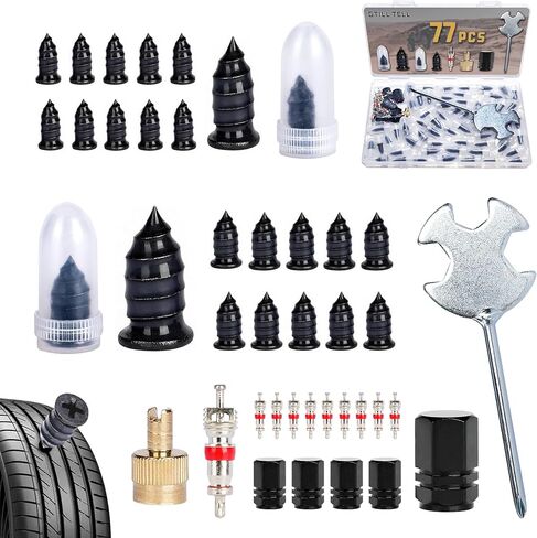 GTILL Tell 77PCS Tire Repair Kit with 60 Screw-in Plugs, 1Valve Core Tool, 10 Valve Cores, 5 Dust Caps, 1Multifunction Screwdriver Tubeless Flat Tire Plug Kit for Car, Truck, Motorcycle Trailer in Saudi Arabia