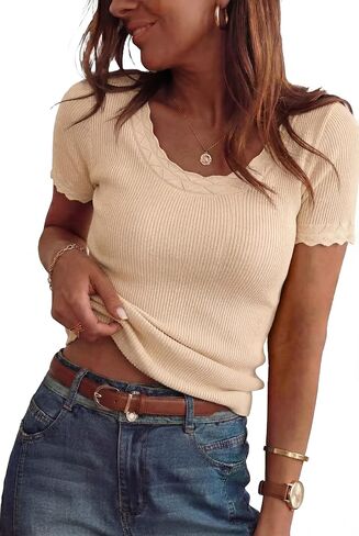 Arach&Cloz Women's 100% Cotton Short Sleeve Sweater Pullover Scoop Neck Lightweight Business Casual Outfits Spring Tops 2026 in Saudi Arabia