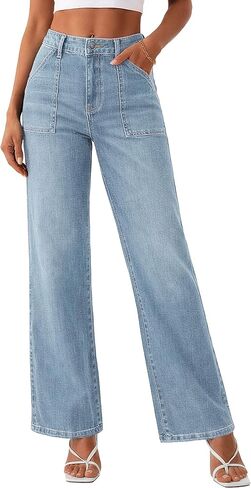 جينز YUCOLEN بأرجل واسعة للنساء جينز بأرجل مستقيمة عالي الخصر سروال دينم قابل للتمدد فضفاض مع جيوب رقعة 2025 in Kuwait