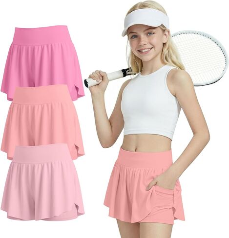 3 Pack Girl's Flowy Athletic Shorts Butterfly Dance Elastic High Waist Skorts 2 in 1 Yoga Sport Skirts with Pockets in Saudi Arabia