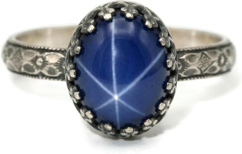 Large Oval Created Blue Star Sapphire Ring Symmetrical Flower Crown Vintage Silver in Saudi Arabia