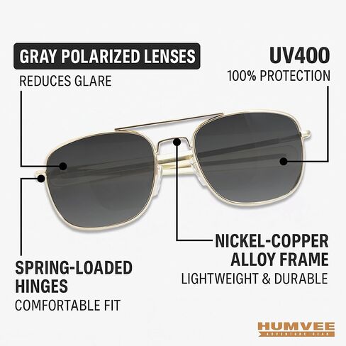 نظارة شمسية CAMPCO HUMVEE Pilot - نظارات شمسية مستقطبة للرجال والنساء - إطار بنمط طيار ذهبي - عدسات مستقطبة رمادية، حماية من الأشعة فوق البنفسجية 400 - مثالية للقيادة وصيد الأسماك والهدايا in Kuwait