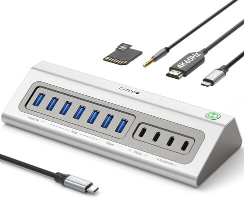 محور USB يعمل بالطاقة Gitfos، محور USB 3.2 13 في 1، محور USB C مع PD 100 واط، شحن USB C 45 واط، بيانات 10 جيجابت في الثانية، 7 منافذ USB A 3.0، محول طاقة 65 واط وكابل 3.3 قدم، محور USB من الألومنيوم للكمبيوتر الشخصي، الكمبيوتر المحمول، ماك بوك، آيباد in Kuwait
