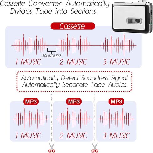 مشغل أشرطة كاسيت محمول من Reshow، أفضل محول USB مستقل إلى MP3، كاسيت صوتي إلى محول رقمي ينقسم تلقائيًا - فضي in Kuwait