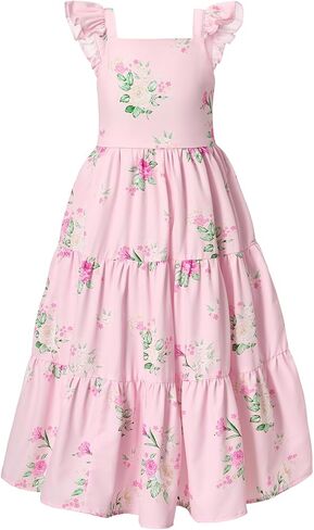 Flofallzique Summer Girls Maxi Dress Floral Flutter Sleeve Spring Kid Birthday Party Long Sundress in Saudi Arabia