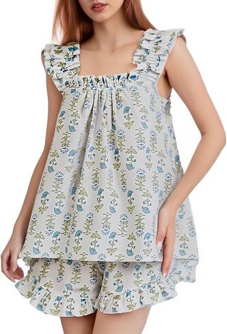 Women Ruffle Shorts Set Y2k Casual Square Neck Sleeveless Tank Top Shorts Cute Loose Fit 2 Piece Bridal Pajama Sets in Saudi Arabia