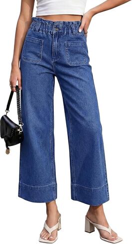 luvamia Wide Leg Jeans for Women Cropped High Waisted Patch Pocket Paper Bag Waist Stretchy Denim Pants Trouser Jeans in Saudi Arabia