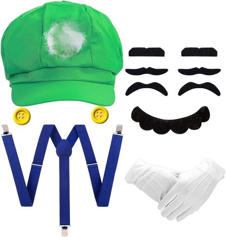 Red and Green Hat Costume Accessories Kit with Hat, Mustaches, Suspenders, Gloves Buttons For Halloween Adult in Saudi Arabia