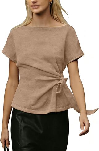 Womens Short Sleeve Knit Top Tie Knot Tunic Wrap Blouse Round Neck Casual Dressy Tops for Office Date Spring Summer in Saudi Arabia